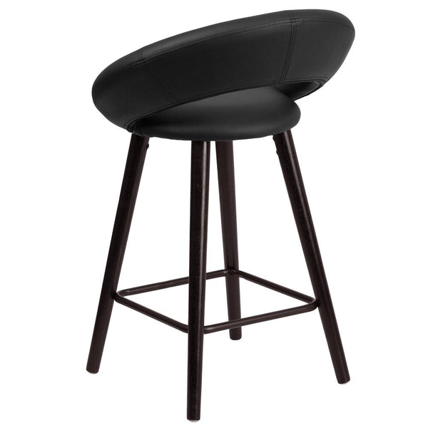 24'' High Contemporary Cappuccino Wood Rounded Back Counter Height Stool In Black Vinyl By Flash Furniture | Bar Stools | Modishstore - 3