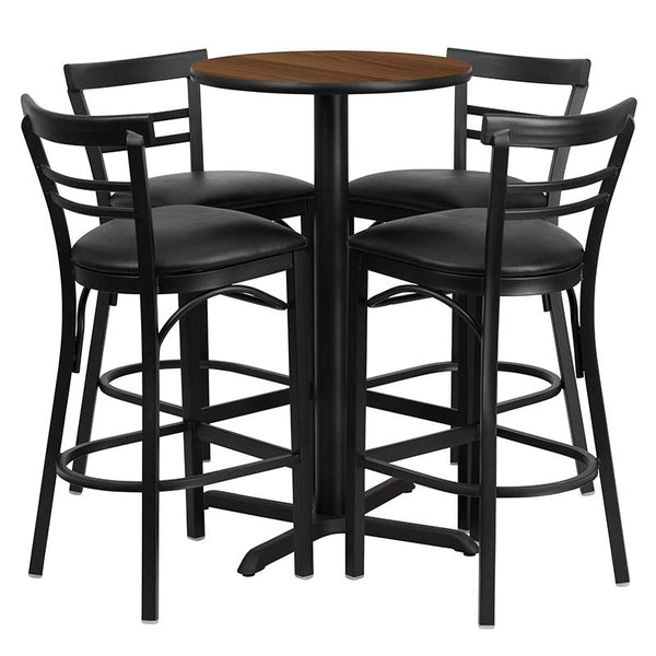24'' Round Walnut Laminate Table Set With X-Base And 4 Two-Slat Ladder Back Metal Barstools - Black Vinyl Seat By Flash Furniture | Bar Stools & Table | Modishstore - 2