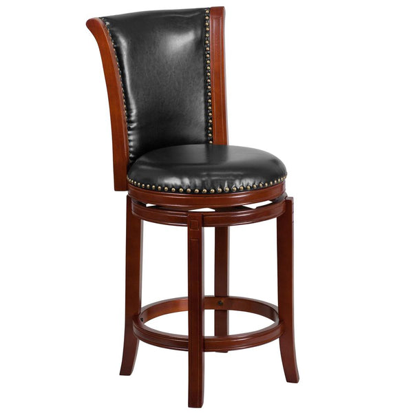 26'' High Dark Chestnut Wood Counter Height Stool With Panel Back And Black Leathersoft Swivel Seat By Flash Furniture | Bar Stools | Modishstore