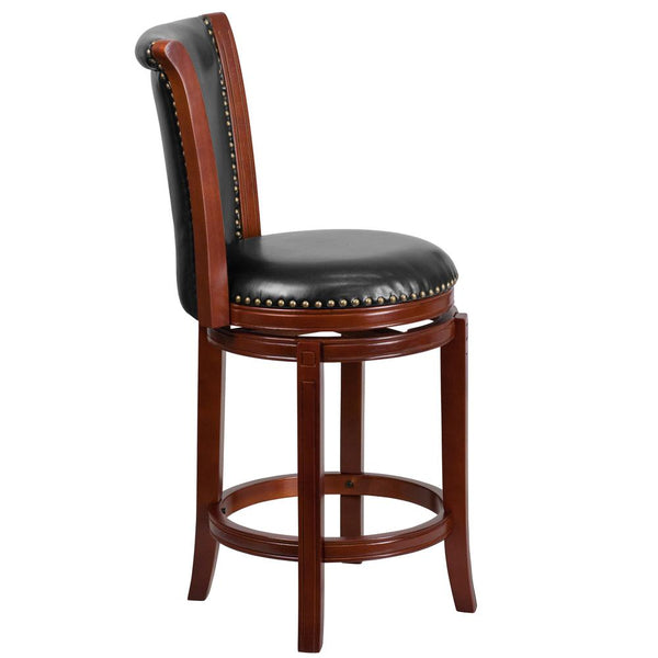 26'' High Dark Chestnut Wood Counter Height Stool With Panel Back And Black Leathersoft Swivel Seat By Flash Furniture | Bar Stools | Modishstore - 2