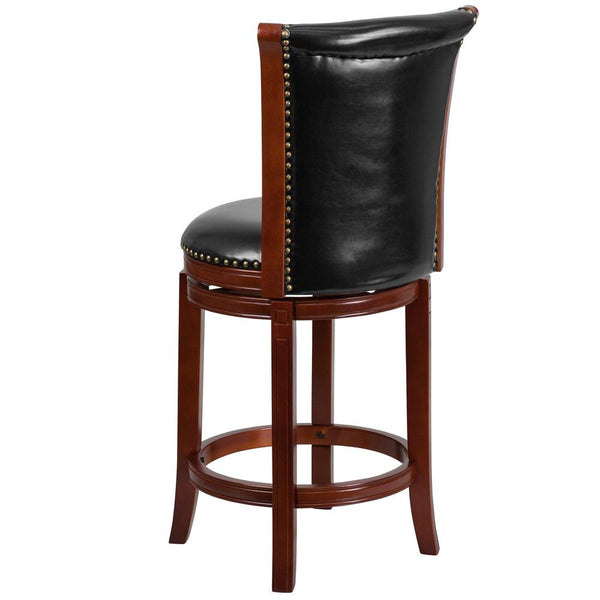26'' High Dark Chestnut Wood Counter Height Stool With Panel Back And Black Leathersoft Swivel Seat By Flash Furniture | Bar Stools | Modishstore - 3