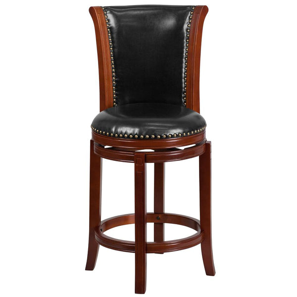 26'' High Dark Chestnut Wood Counter Height Stool With Panel Back And Black Leathersoft Swivel Seat By Flash Furniture | Bar Stools | Modishstore - 4