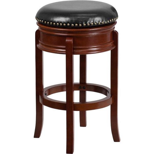 29'' High Backless Light Cherry Wood Barstool With Carved Apron And Black Leathersoft Swivel Seat By Flash Furniture | Bar Stools | Modishstore - 2