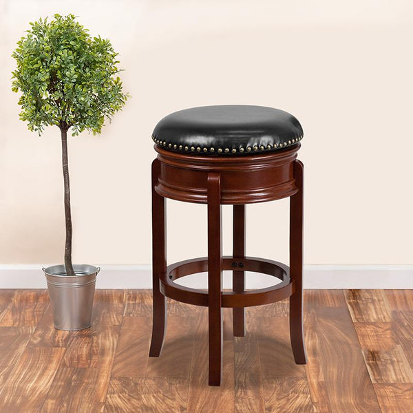 29'' High Backless Light Cherry Wood Barstool With Carved Apron And Black Leathersoft Swivel Seat By Flash Furniture | Bar Stools | Modishstore