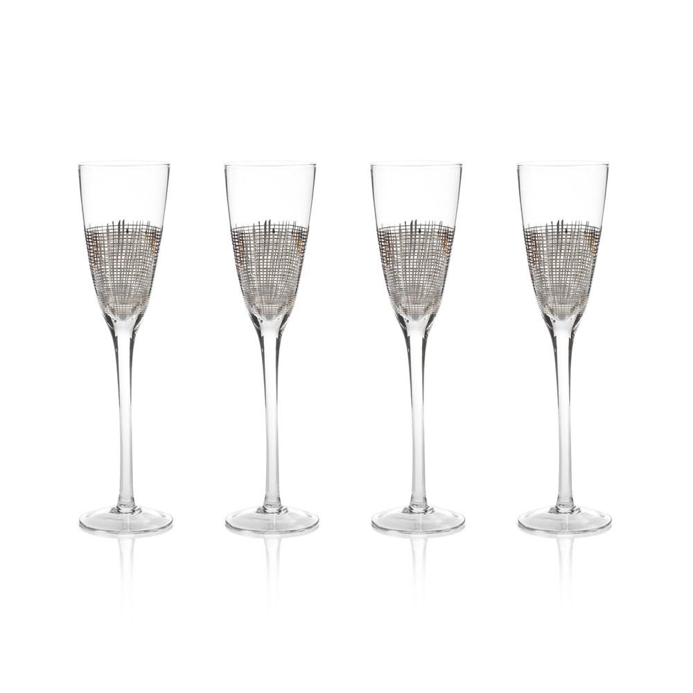 Zodax 4-Piece Reza Crosshatch Champagne Flute Set - Platinum | Drinkware | Modishstore