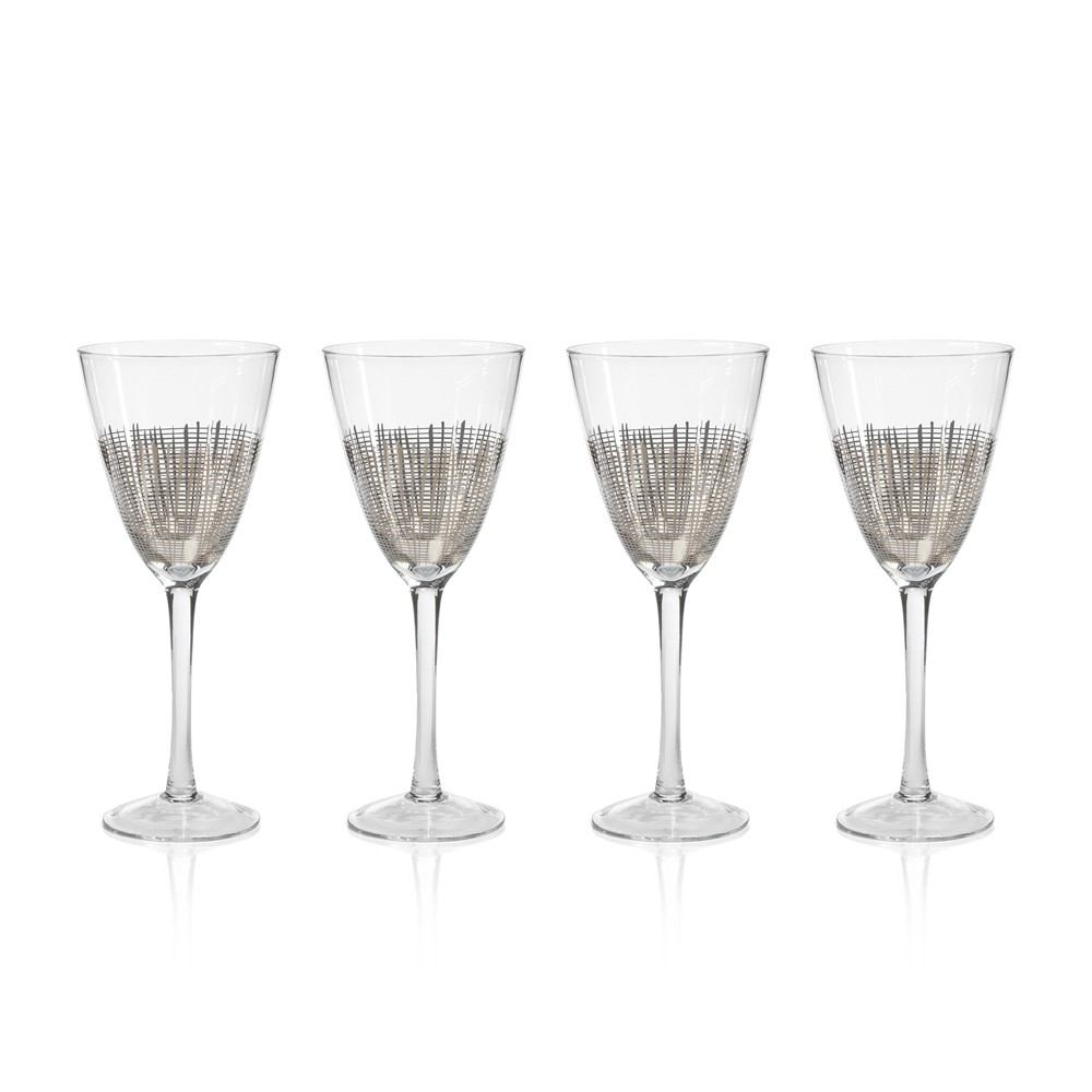 Zodax 4-Piece Reza Crosshatch Wine Glass Set - Platinum | Drinkware | Modishstore
