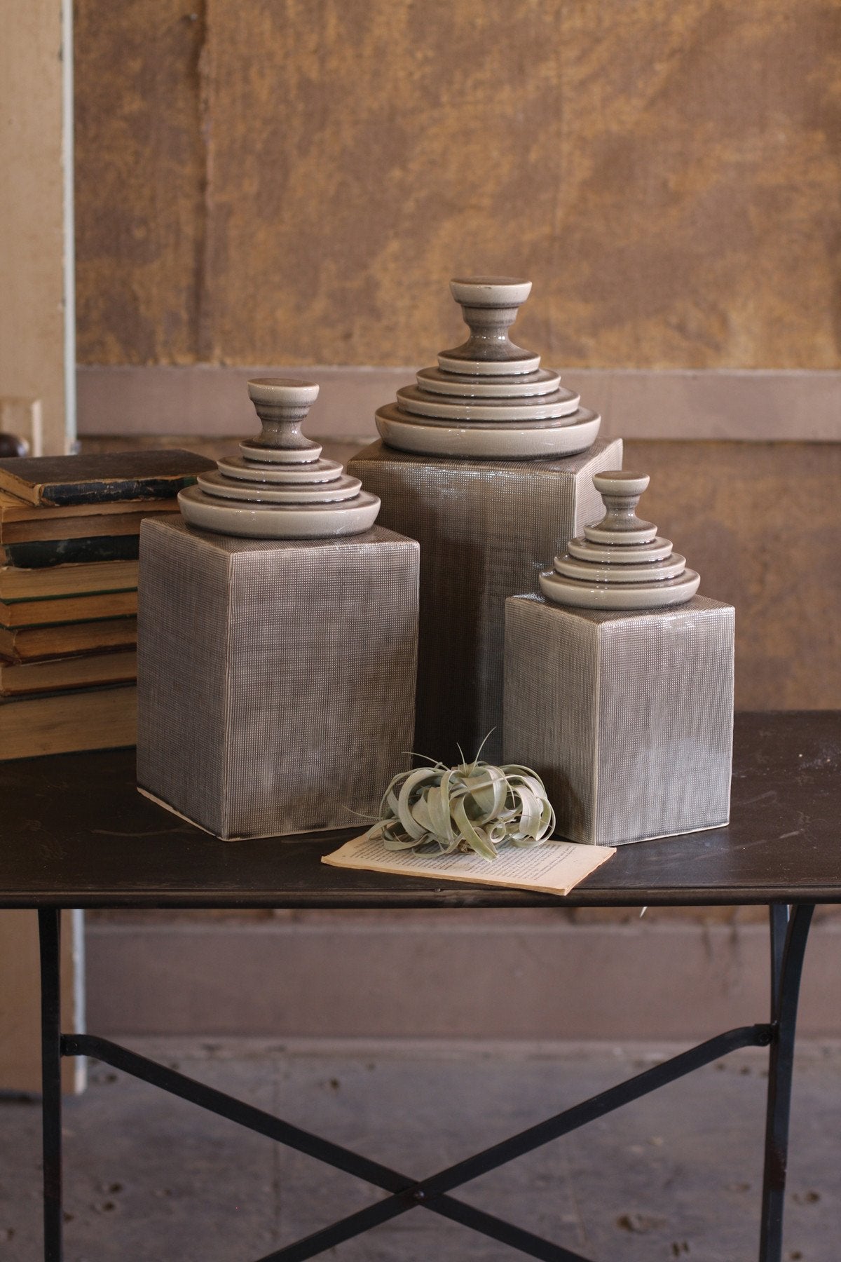 Kalalou Textured Ceramic Canisters With Pyramid Tops - Grey - Set Of 3 | Modishstore | Jars & Canisters