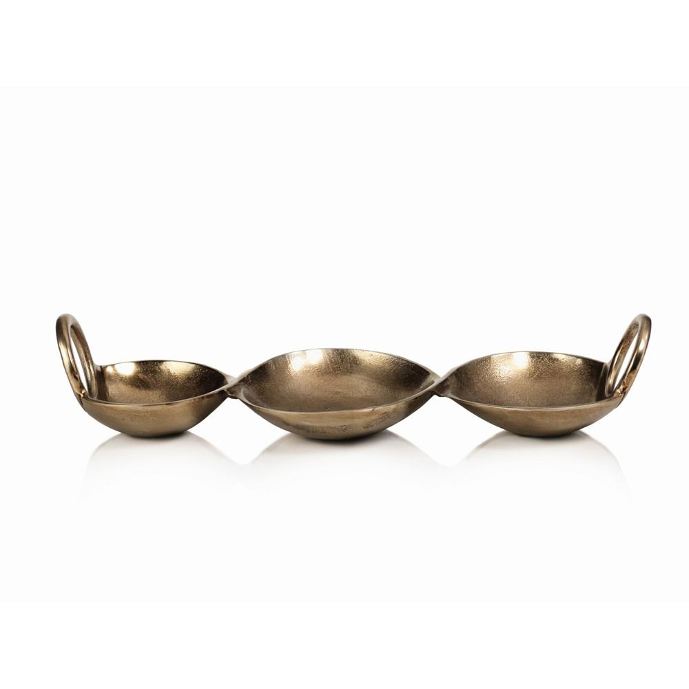 Zodax Antique Gold Aluminum Three Cup Dish with Handles | Dinnerware | Modishstore