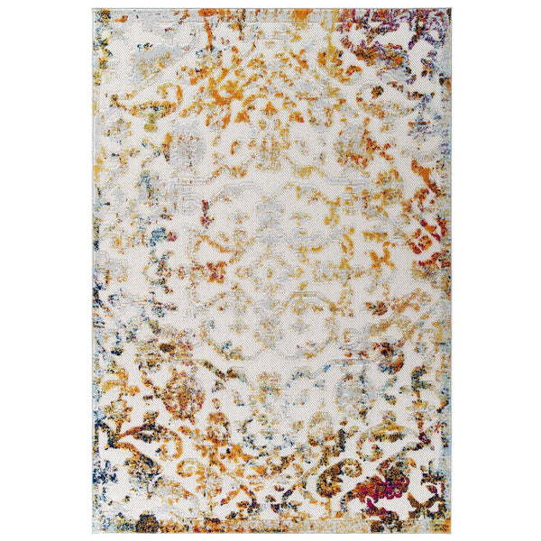 Modway Reflect Primrose Distressed Vintage Ornate Floral Lattice 8x10 Indoor and Outdoor Area Rug Ivory, Light Blue, Multicolored | Rugs | Modishstore-2