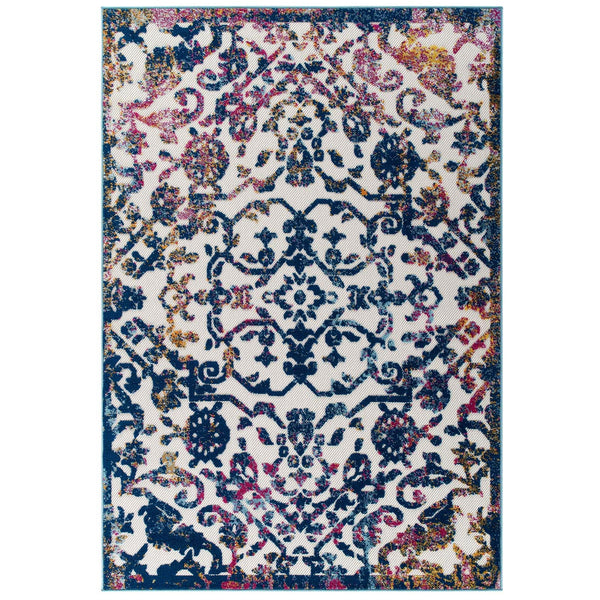 Modway Reflect Primrose Distressed Vintage Ornate Floral Lattice 8x10 Indoor and Outdoor Area Rug Ivory, Dark Blue, Multicolored | Rugs | Modishstore-3