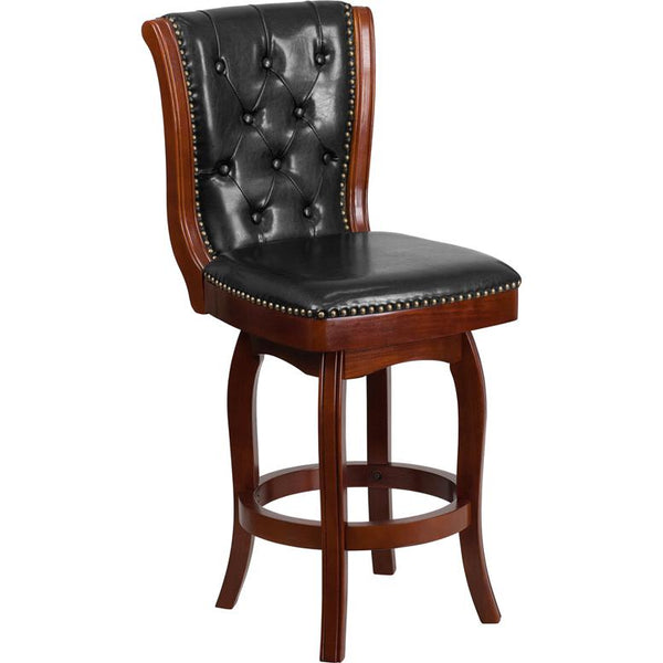 26'' High Cherry Wood Counter Height Stool With Button Tufted Back And Black Leathersoft Swivel Seat By Flash Furniture | Bar Stools | Modishstore