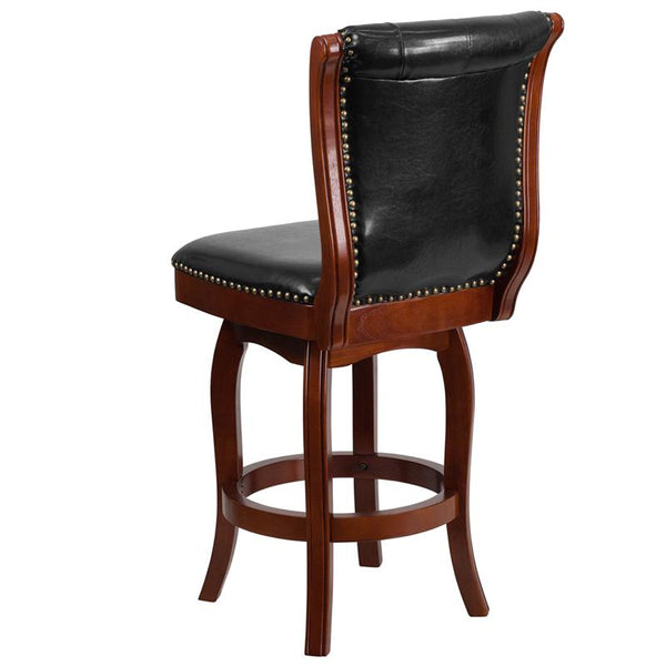 26'' High Cherry Wood Counter Height Stool With Button Tufted Back And Black Leathersoft Swivel Seat By Flash Furniture | Bar Stools | Modishstore - 3