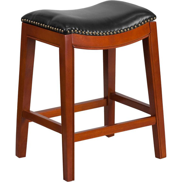 26'' High Backless Light Cherry Wood Counter Height Stool With Black Leathersoft Saddle Seat By Flash Furniture | Bar Stools | Modishstore