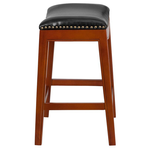 26'' High Backless Light Cherry Wood Counter Height Stool With Black Leathersoft Saddle Seat By Flash Furniture | Bar Stools | Modishstore - 2