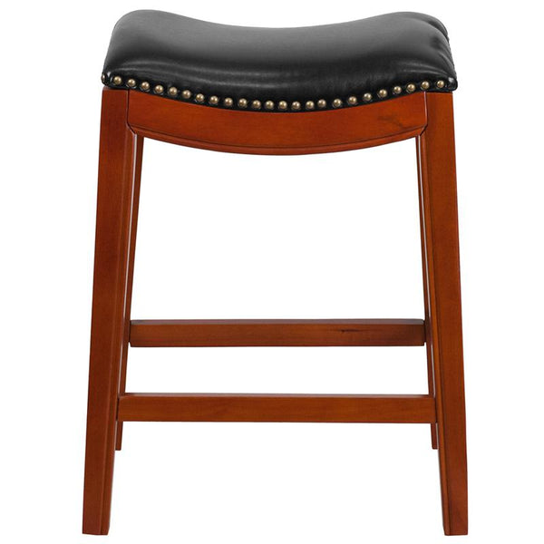 26'' High Backless Light Cherry Wood Counter Height Stool With Black Leathersoft Saddle Seat By Flash Furniture | Bar Stools | Modishstore - 3