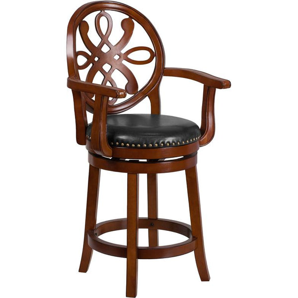 26'' High Brandy Wood Counter Height Stool With Arms, Carved Back And Black Leathersoft Swivel Seat By Flash Furniture | Bar Stools | Modishstore