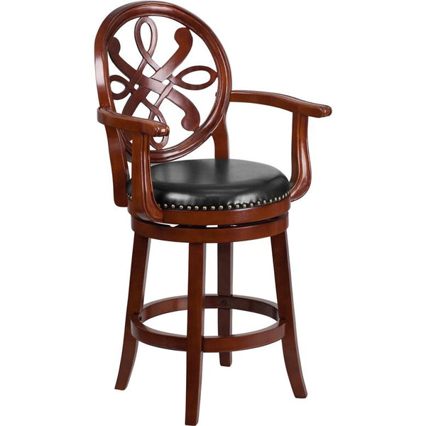 26'' High Cherry Wood Counter Height Stool With Arms, Carved Back And Black Leathersoft Swivel Seat By Flash Furniture | Bar Stools | Modishstore