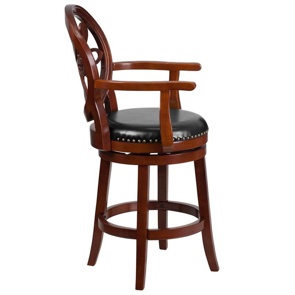 26'' High Cherry Wood Counter Height Stool With Arms, Carved Back And Black Leathersoft Swivel Seat By Flash Furniture | Bar Stools | Modishstore - 2