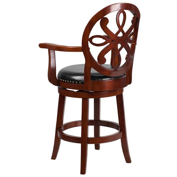 26'' High Cherry Wood Counter Height Stool With Arms, Carved Back And Black Leathersoft Swivel Seat By Flash Furniture | Bar Stools | Modishstore - 3