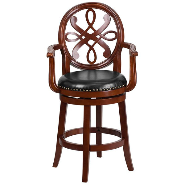 26'' High Cherry Wood Counter Height Stool With Arms, Carved Back And Black Leathersoft Swivel Seat By Flash Furniture | Bar Stools | Modishstore - 4