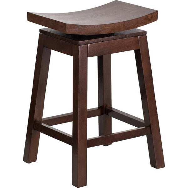26'' High Saddle Seat Cappuccino Wood Counter Height Stool With Auto Swivel Seat Return By Flash Furniture | Bar Stools | Modishstore