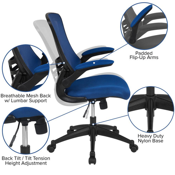 Mid-Back Blue Mesh Swivel Ergonomic Task Office Chair With Flip-Up Arms By Flash Furniture | Office Chairs | Modishstore - 3