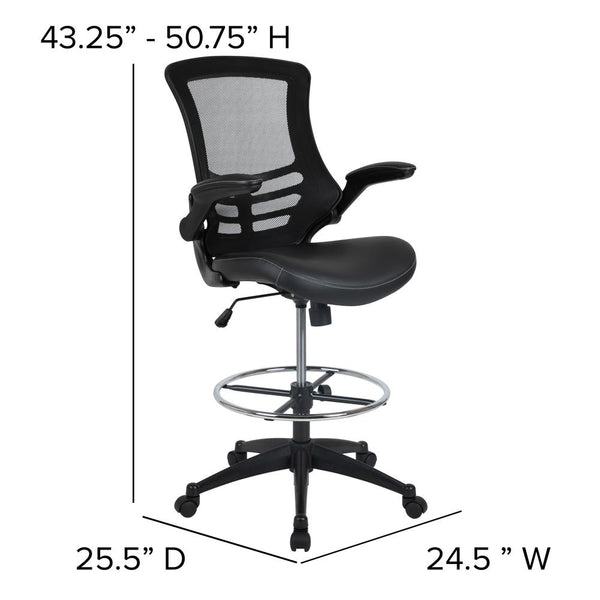 Mid-Back Black Mesh Ergonomic Drafting Chair With Leathersoft Seat, Adjustable Foot Ring And Flip-Up Arms By Flash Furniture | Office Chairs | Modishstore - 4