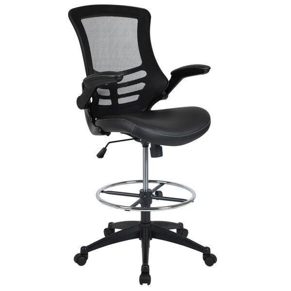 Mid-Back Black Mesh Ergonomic Drafting Chair With Leathersoft Seat, Adjustable Foot Ring And Flip-Up Arms By Flash Furniture | Office Chairs | Modishstore