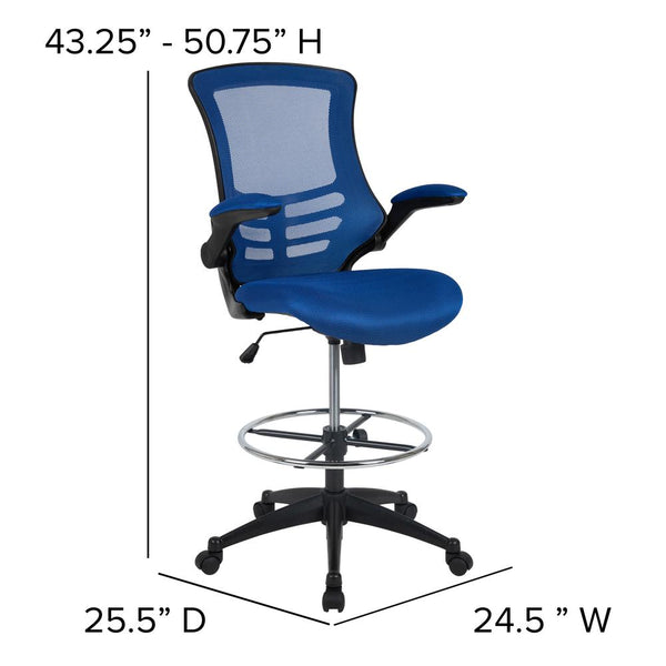 Mid-Back Blue Mesh Ergonomic Drafting Chair With Adjustable Foot Ring And Flip-Up Arms By Flash Furniture | Office Chairs | Modishstore - 4
