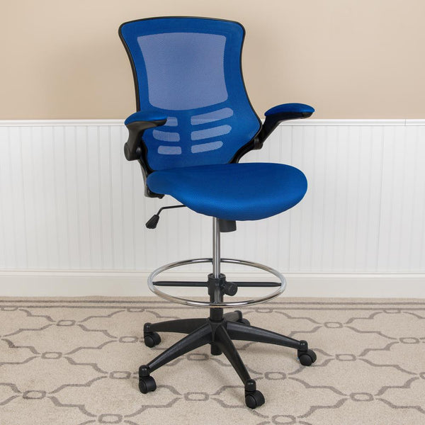 Mid-Back Blue Mesh Ergonomic Drafting Chair With Adjustable Foot Ring And Flip-Up Arms By Flash Furniture | Office Chairs | Modishstore - 2