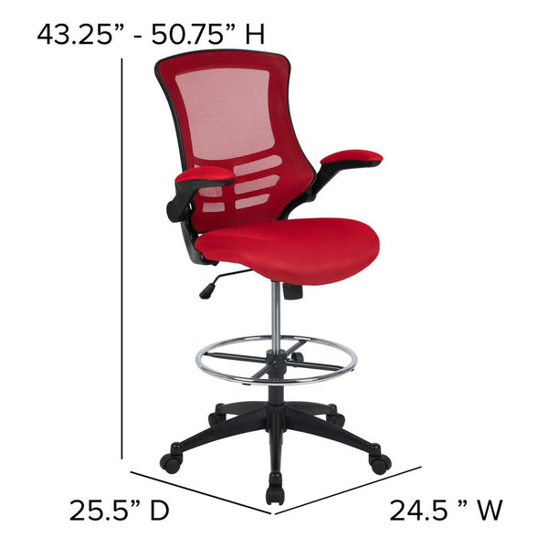 Mid-Back Red Mesh Ergonomic Drafting Chair With Adjustable Foot Ring And Flip-Up Arms By Flash Furniture | Office Chairs | Modishstore - 4