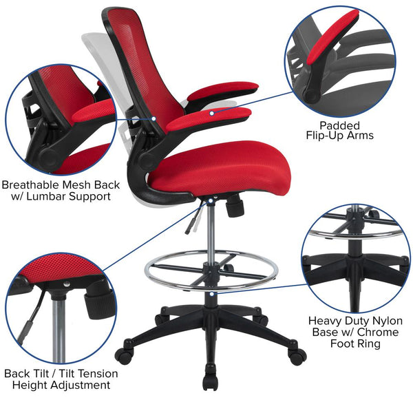 Mid-Back Red Mesh Ergonomic Drafting Chair With Adjustable Foot Ring And Flip-Up Arms By Flash Furniture | Office Chairs | Modishstore - 3