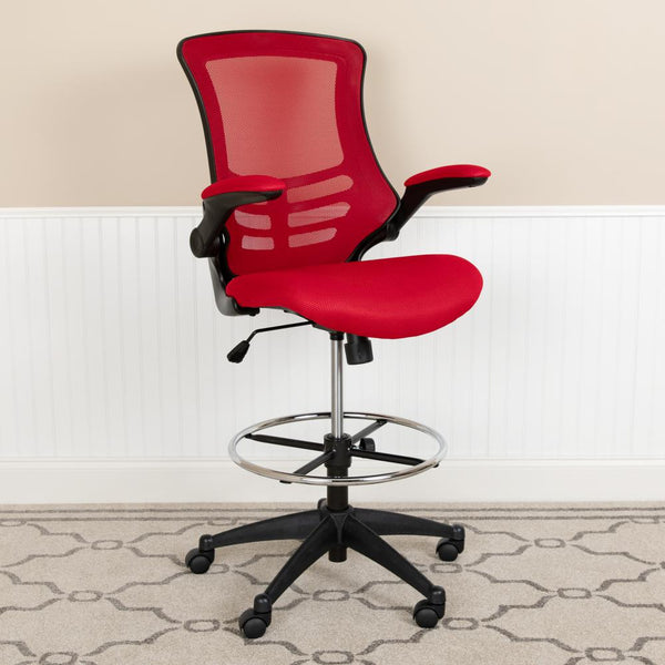 Mid-Back Red Mesh Ergonomic Drafting Chair With Adjustable Foot Ring And Flip-Up Arms By Flash Furniture | Office Chairs | Modishstore - 2