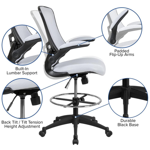 Mid-Back White Mesh Ergonomic Drafting Chair With Adjustable Foot Ring And Flip-Up Arms By Flash Furniture | Office Chairs | Modishstore - 3