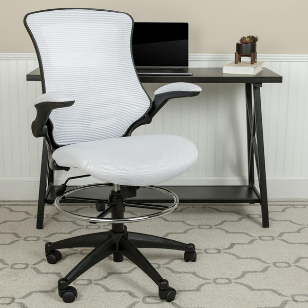 Mid-Back White Mesh Ergonomic Drafting Chair With Adjustable Foot Ring And Flip-Up Arms By Flash Furniture | Office Chairs | Modishstore - 2