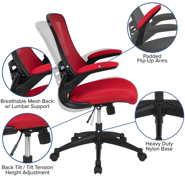 Mid-Back Red Mesh Swivel Ergonomic Task Office Chair With Flip-Up Arms By Flash Furniture | Office Chairs | Modishstore - 3