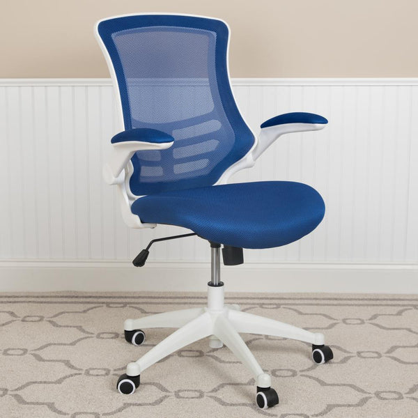 Mid-Back Blue Mesh Swivel Ergonomic Task Office Chair With White Frame And Flip-Up Arms By Flash Furniture | Office Chairs | Modishstore - 2