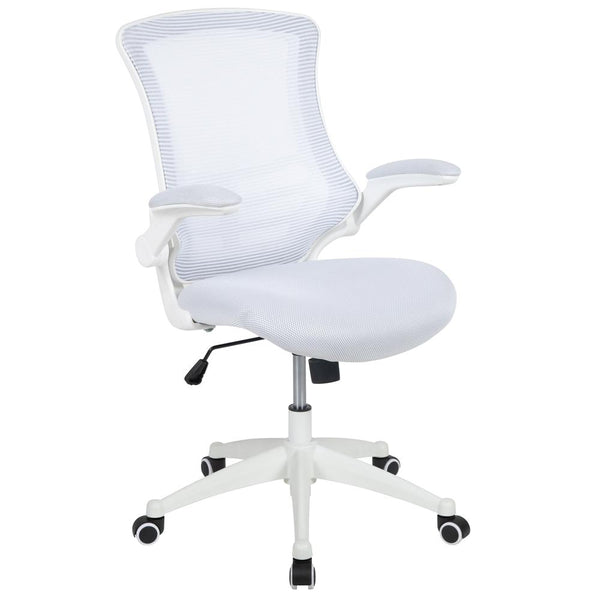 Mid-Back White Mesh Swivel Ergonomic Task Office Chair With White Frame And Flip-Up Arms By Flash Furniture | Office Chairs | Modishstore