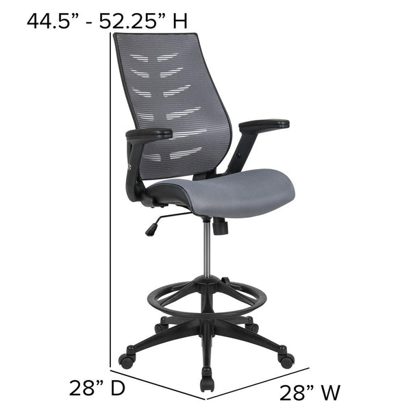 High Back Dark Gray Mesh Spine-Back Ergonomic Drafting Chair With Adjustable Foot Ring And Adjustable Flip-Up Arms By Flash Furniture | Office Chairs | Modishstore - 4