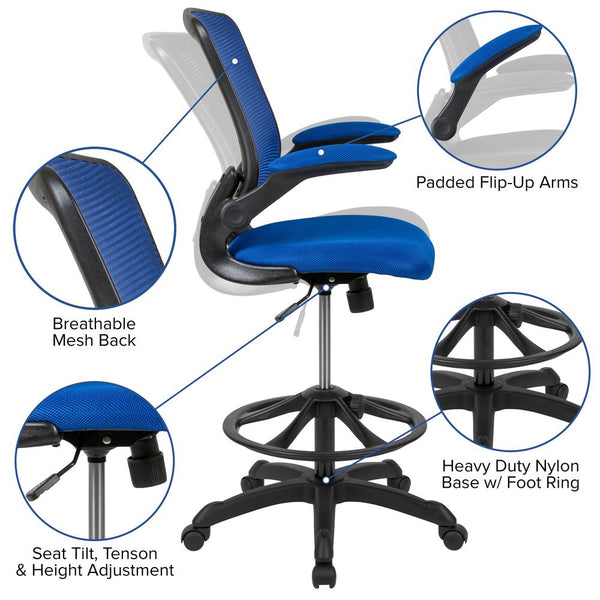 Midback Blue Mesh Ergonomic Drafting Chair With Adjustable Foot Ring And Flip-Up Arms By Flash Furniture | Office Chairs | Modishstore - 3