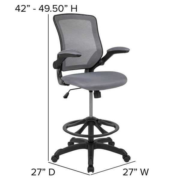 Midback Dark Gray Mesh Ergonomic Drafting Chair With Adjustable Foot Ring And Flip-Up Arms By Flash Furniture | Office Chairs | Modishstore - 4