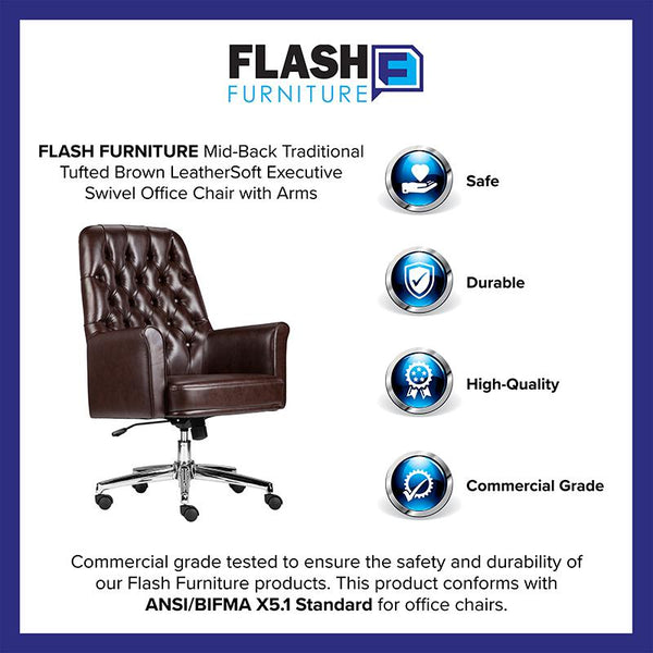 Mid-Back Traditional Tufted Brown Leathersoft Executive Swivel Office Chair With Arms By Flash Furniture | Office Chairs | Modishstore - 3
