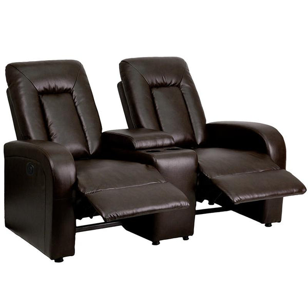 Eclipse Series 2-Seat Push Button Motorized Reclining Brown Leathersoft Theater Seating Unit With Cup Holders By Flash Furniture | Chairs & Recliners | Modishstore