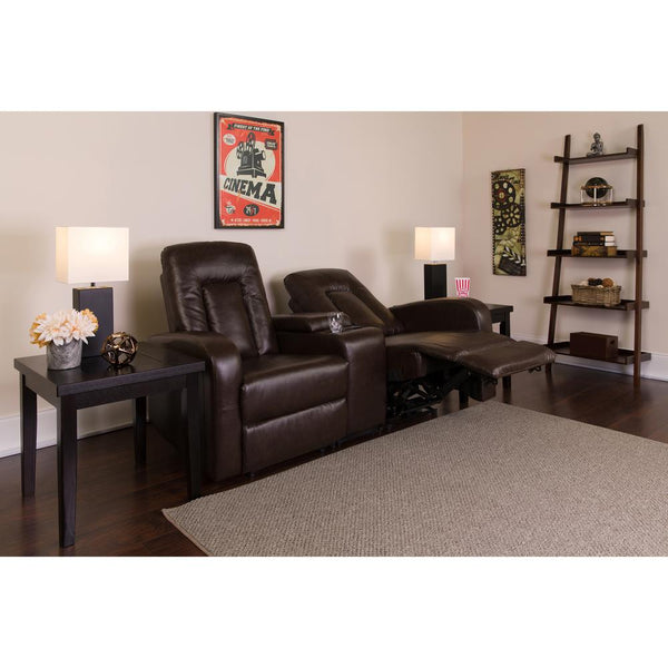 Eclipse Series 2-Seat Push Button Motorized Reclining Brown Leathersoft Theater Seating Unit With Cup Holders By Flash Furniture | Chairs & Recliners | Modishstore - 2