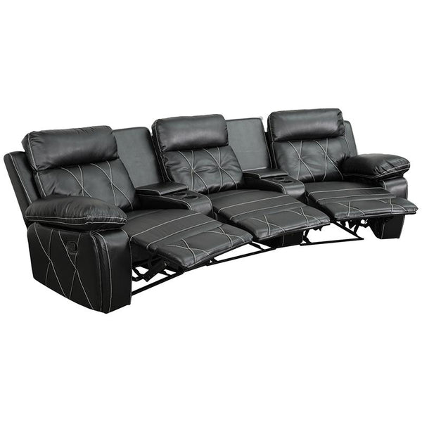 Reel Comfort Series 3-Seat Reclining Black Leathersoft Theater Seating Unit With Curved Cup Holders By Flash Furniture | Chairs & Recliners | Modishstore