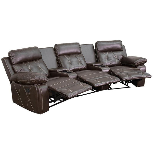 Reel Comfort Series 3-Seat Reclining Brown Leathersoft Theater Seating Unit With Curved Cup Holders By Flash Furniture | Chairs & Recliners | Modishstore