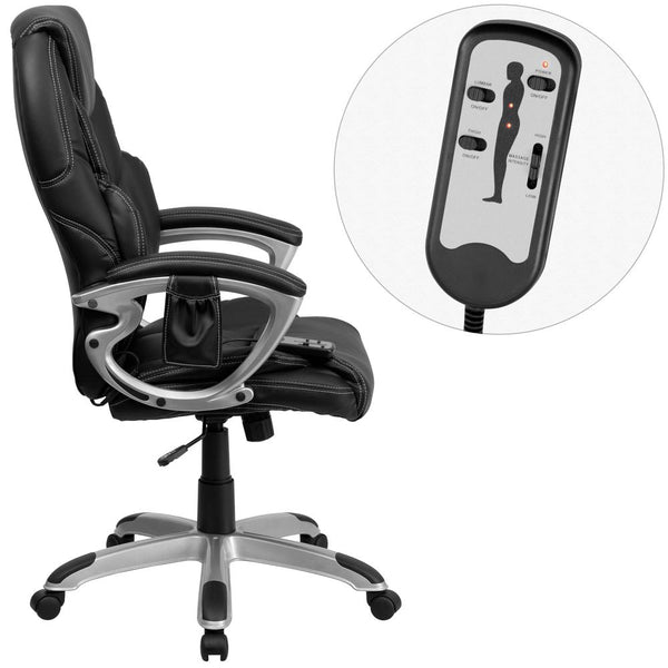 High Back Ergonomic Massaging Black Leathersoft Executive Swivel Office Chair With Silver Base And Arms By Flash Furniture | Office Chairs | Modishstore - 2
