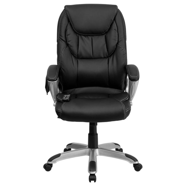 High Back Ergonomic Massaging Black Leathersoft Executive Swivel Office Chair With Silver Base And Arms By Flash Furniture | Office Chairs | Modishstore - 4