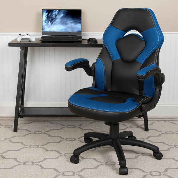 X10 Gaming Chair Racing Office Ergonomic Computer Pc Adjustable Swivel Chair With Flip-Up Arms, Blue/Black Leathersoft By Flash Furniture | Office Chairs | Modishstore - 2