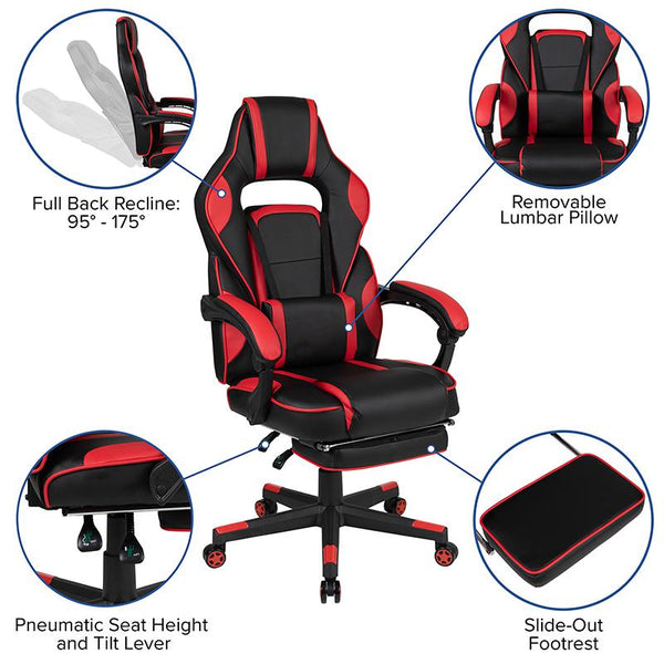 X40 Gaming Chair Racing Ergonomic Computer Chair With Fully Reclining Back/Arms, Slide-Out Footrest, Massaging Lumbar - Red By Flash Furniture | Office Chairs | Modishstore - 4